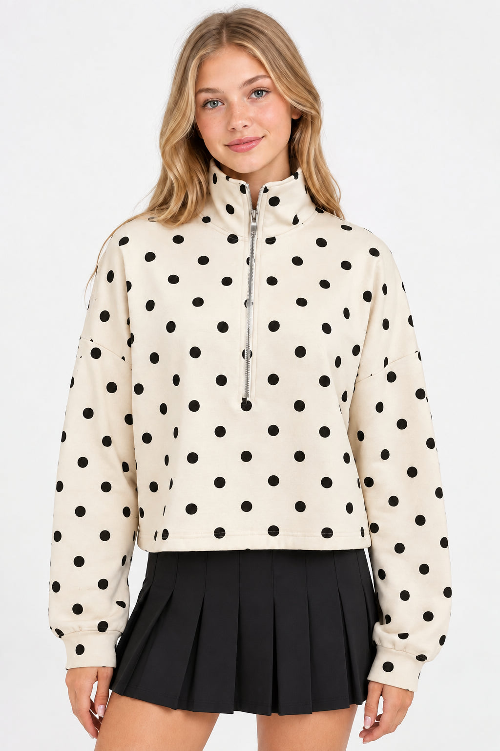 Polka Dot Half Zip Cropped Sweatshirt